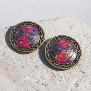 Vintage Brass Tone Round Earrings with Pink & Purple Enamel